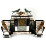 A FRENCH ART DECO SPELTER AND MARBLE BIRD FORM CLOCK GARNITURE SET The central clock set with five