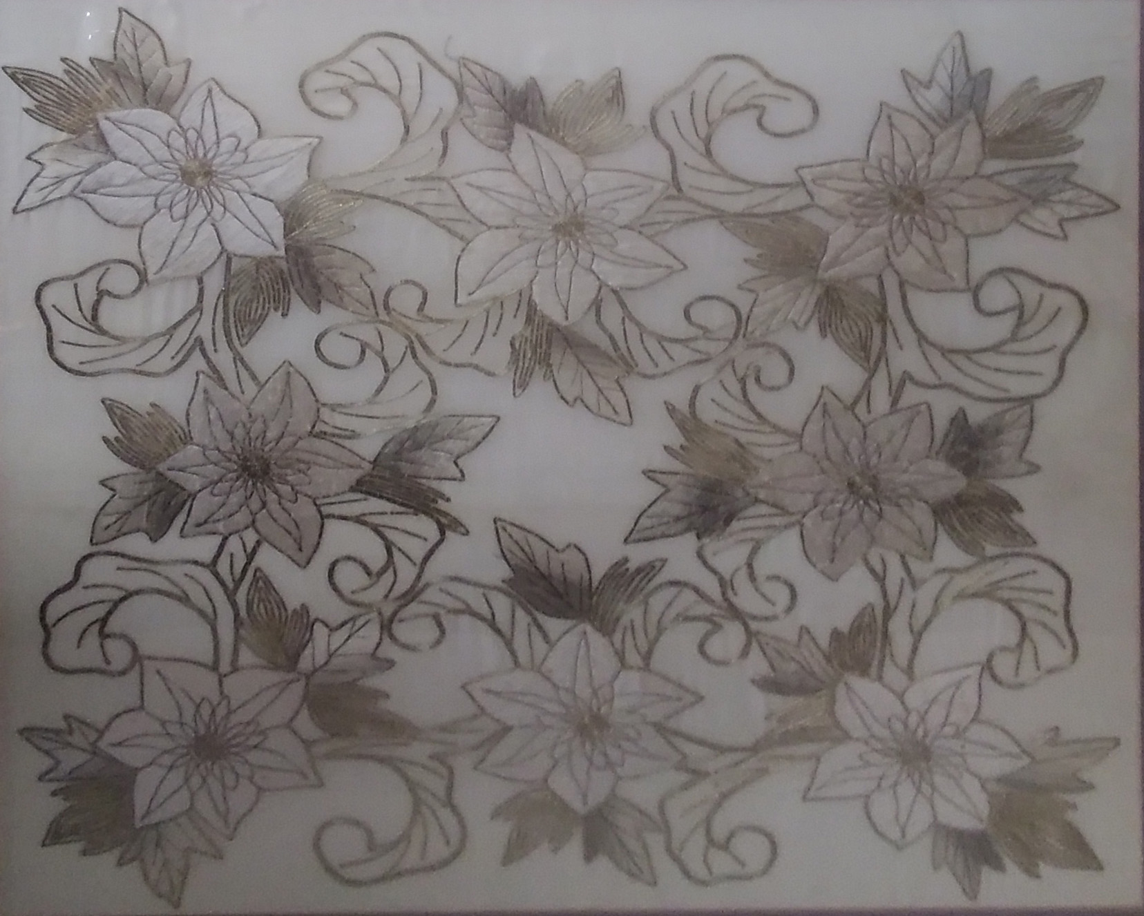 TWO 20TH CENTURY GILT WIREWORK ON SILK TAPESTRIES Floral designs, bearing labels verso 'Bought - Image 2 of 2