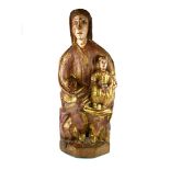 A 17TH/18TH CENTURY FLEMISH CARVED PINE AND POLYCHROMED STATUE Madonna and child. (62cm)