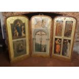 A VICTORIAN FIGURED WALNUT FRAMED PICTORIAL PRINTED THREE FOLD SCREEN With scenes after