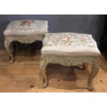 A PAIR OF 18TH CENTURY DESIGN CONTINENTAL STOOLS With floral needlework upholstery and original grey