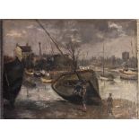 MISS P.A. PIPE, 20TH CENTURY OIL ON CANVAS Young boys climbing into a beached boat, bearing a