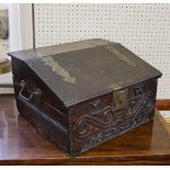 A 17TH CENTURY OAK BIBLE BOX Carved with initials 'MW', dated 162, brass strap work hinges (45cm x