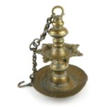 A LARGE ANTIQUE BRONZE TEMPLE DIYA LAMP WITH CHAIN. (37cm) Condition: some old restoration, drip