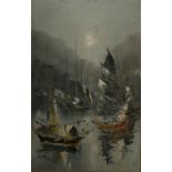 A 20TH CENTURY OIL ON BOARD Chinese junk ships in a harbour, indistinctly signed. (sight 44cm x
