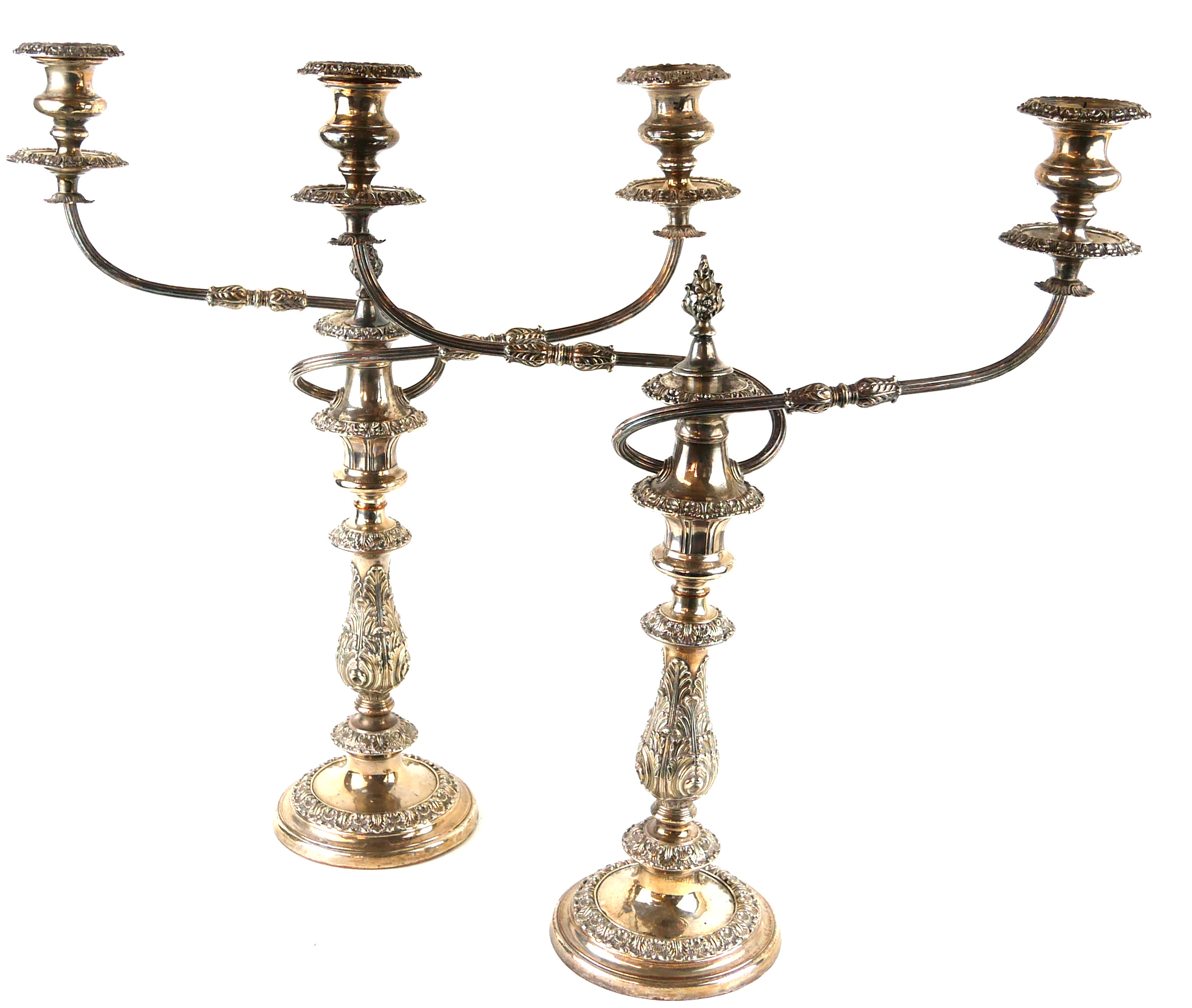 A PAIR OF 19TH CENTURY SHEFFIELD PLATE CANDELABRA Twin arms with acanthus leaf decoration. (approx