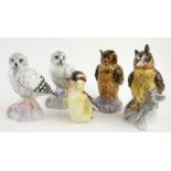 ROYAL VIENNA, A COLLECTION OF FIVE PORCELAIN BIRD FIGURES Four owls and a duck, each with crown