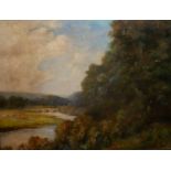 A LATE 19TH/EARLY 20TH CENTURY IMPRESSIONIST SCHOOL OIL ON CANVAS, RIVER LANDSCAPE WITH SHEEP IN A