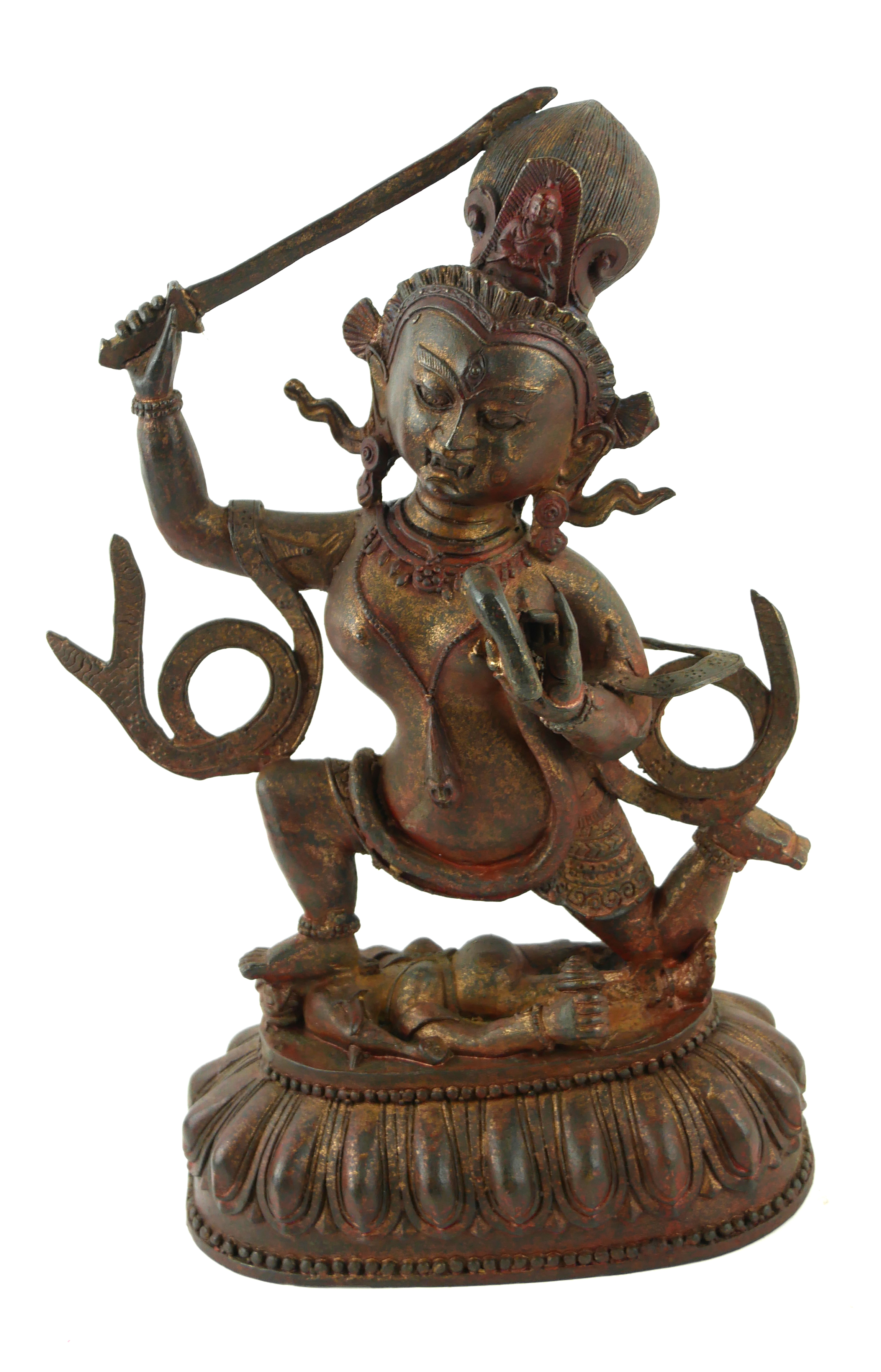 AN INDIAN BRONZE GODDESS WARRIOR STATUE Clutching a serpent and spear, kneeling on a figure of