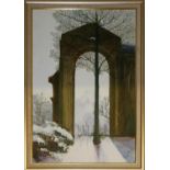 PETER HARRIS, MBE, A 20TH CENTURY OIL ON BOARD Winter scene, tall archway, monogram lower right,