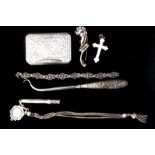 A COLLECTION OF VINTAGE WHITE METAL AND SILVER TRINKETS Including a rectangular form pill box, a