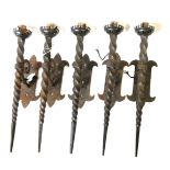 FIVE ANTIQUE WROUGHT IRON SINGLE SCONCE WALL LIGHT With tapering candy twist columns. (41cm)