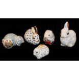 ROYAL CROWN DERBY, A COLLECTION OF FIVE PORCELAIN PAPERWEIGHTS 'Snowy Rabbit' and 'Poppy Mouse',