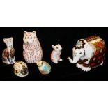 ROYAL CROWN DERBY, A COLLECTION OF SIX PORCELAIN PAPERWEIGHTS 'Elephant L11', 'Cat', 'Mouse', '
