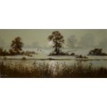 MANY SHAW, A PAIR OF OILS ON BOARD Landscape view. (sight 60cm x 37cm, frame 70cm x 47cm)
