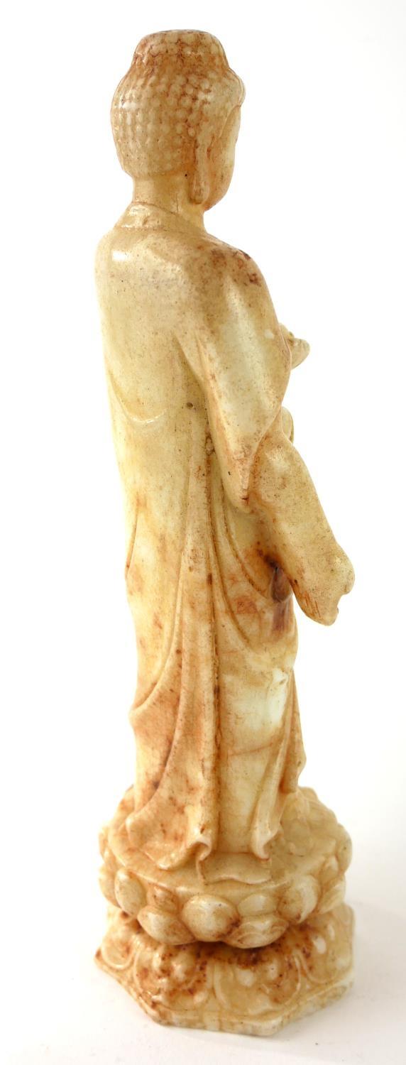 A CHINESE WHITE RUSSET JADE BUDDHA STATUE Standing pose on double lotus base. (approx 23cm) - Image 5 of 5