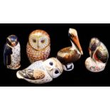 ROYAL CROWN DERBY, A COLLECTION OF FIVE ROYAL CROWN DERBY PORCELAIN PAPERWEIGHT 'Owl LV111', 'Owl