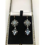 A PAIR OF 9CT GOLD, AQUAMARINE, DIAMOND AND SEED PEARL DROP EARRINGS.