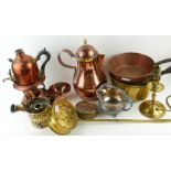 A COLLECTION OF 19TH CENTURY COPPER AND BRASS WARE Comprising an Arts and Crafts copper water jug,