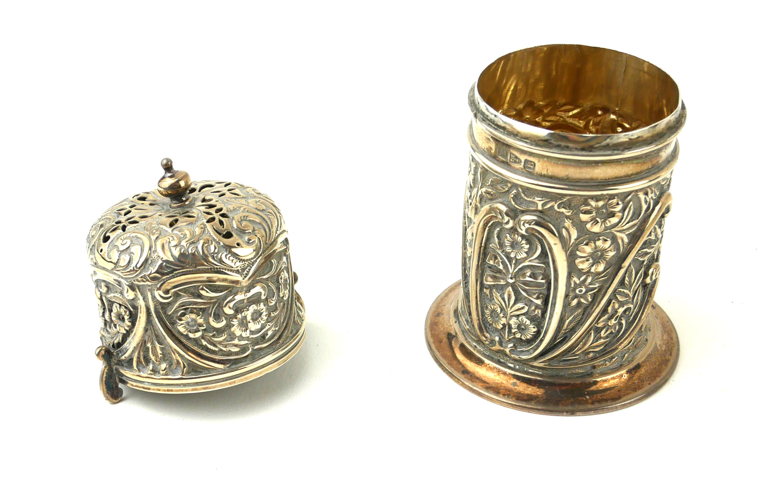 A VICTORIAN SILVER SUGAR CASTOR Having a pierced dome top and embossed decoration, hallmarked - Image 2 of 3