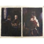 STANLEY WOOD, A PAIR OF 19TH CENTURY WATERCOLOURS Interior studies, two gentlemen playing chess by a