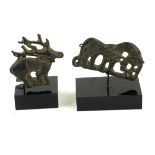 TWO CHINESE BRONZE ANIMAL PLAQUES Horse with lion and a deer, on black perspex base. (approx 4cm)