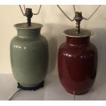 A CHINESE CELADON GLAZED VASE CONVERTED TO LAMP BASE Along with another in rouge.