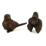 TWO JAPANESE BRONZE MINIATURE SCULPTURES, GORILLA AND SMALL BIRD. (approx 6cm) Condition: good