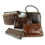 A COLLECTION OF FIVE VINTAGE CROCODILE AND SNAKESKIN HANDBAGS Three crocodiles and two snakeskin,
