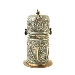 A VICTORIAN SILVER SUGAR CASTOR Having a pierced dome top and embossed decoration, hallmarked