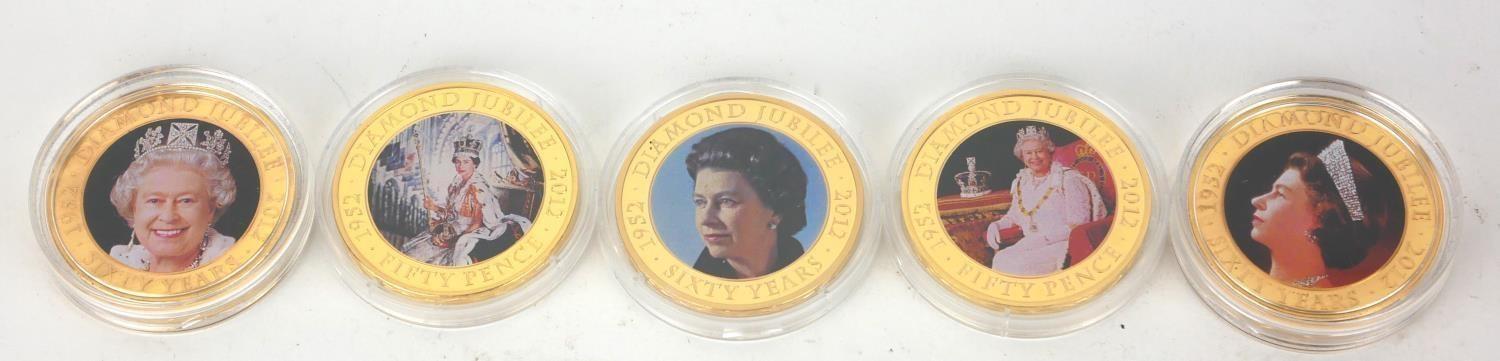 A COLLECTION OF FIVE 24CT GOLD PLATE AND ENAMEL FIFTY PENCE PIECES Commemorating Queen Elizabeth