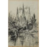 A VICTORIAN BLACK AND WHITE ECCLESIASTICAL SKETCH Titled 'Lichfield from SW', signed 'EH Moore'