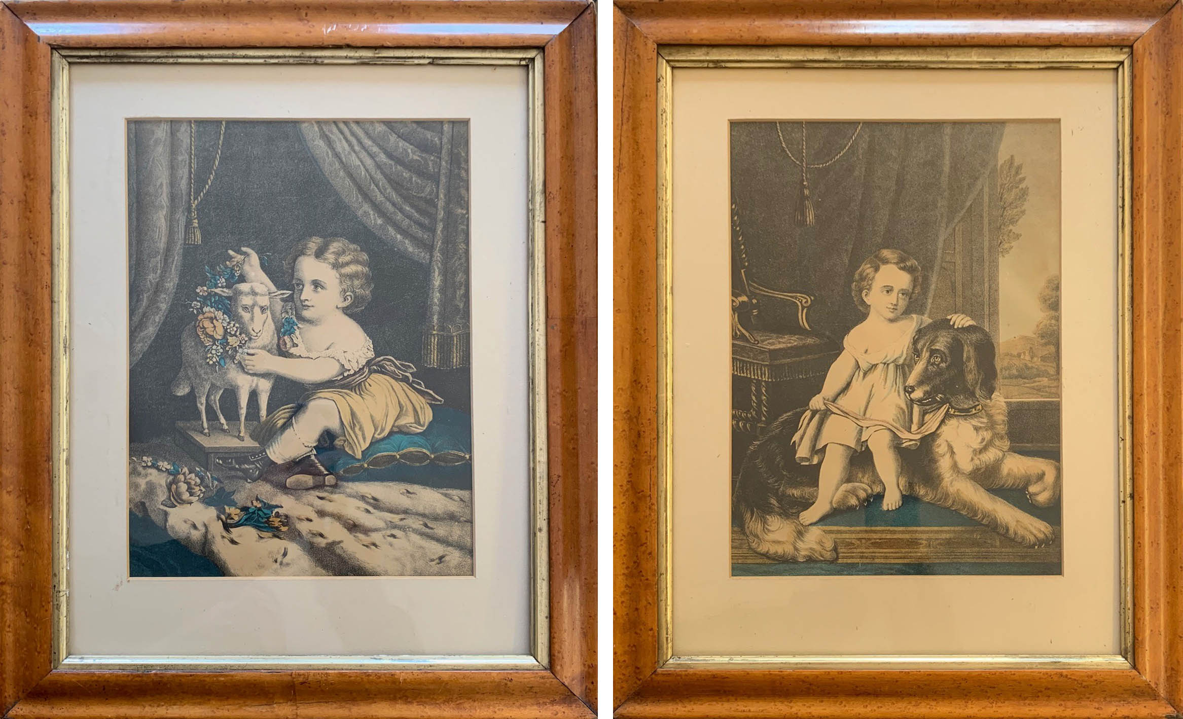 A PAIR OF 19TH CENTURY COLOURED PRINTS, INTERIOR SCENES Girl with dog and lamb both titled, held