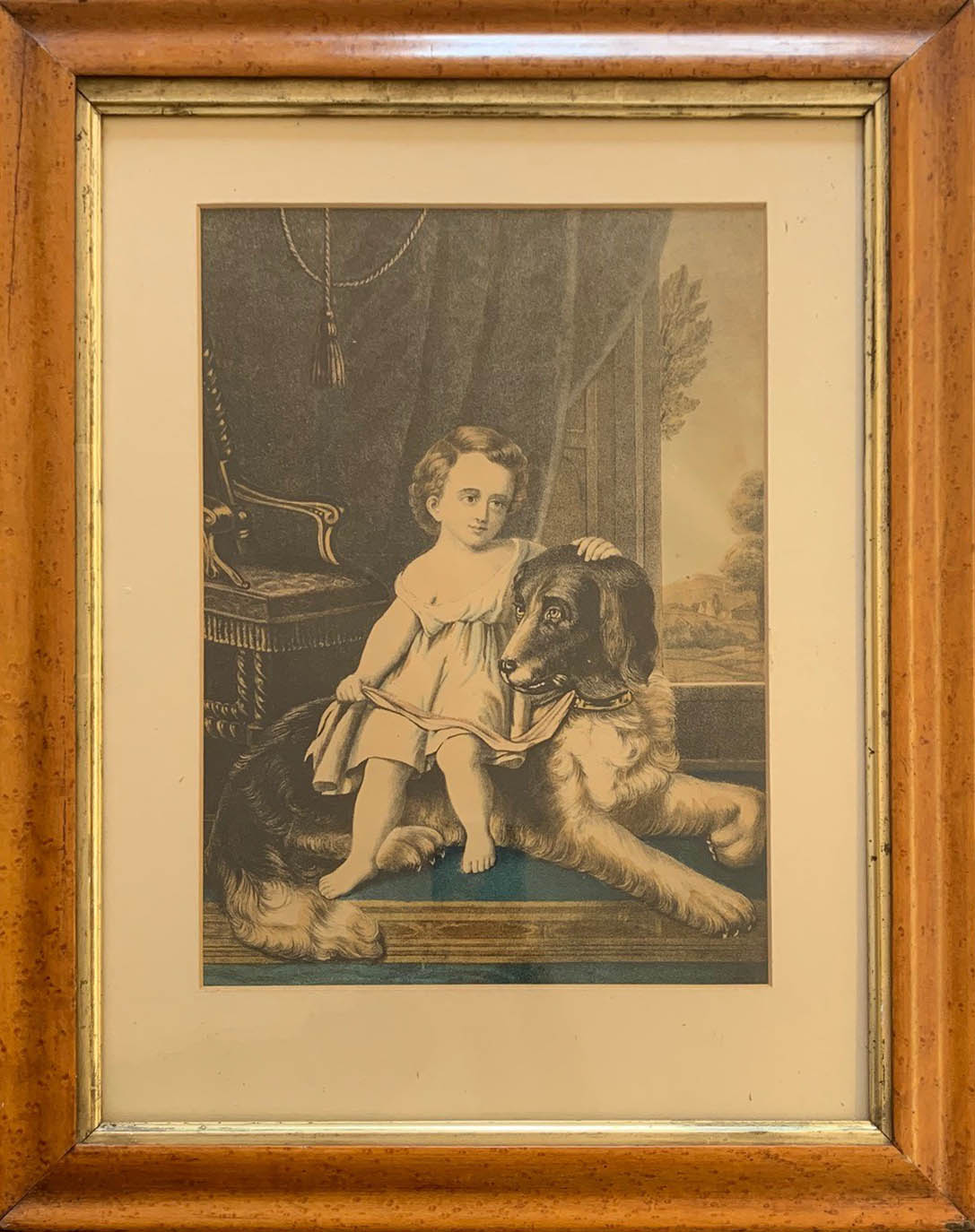 A PAIR OF 19TH CENTURY COLOURED PRINTS, INTERIOR SCENES Girl with dog and lamb both titled, held - Bild 2 aus 2