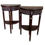 A PAIR OF ART DECO LOUIS XVI STYLE AMBOYNA AND MAHOGANY DEMILUNE CARD TABLES The hinge tops