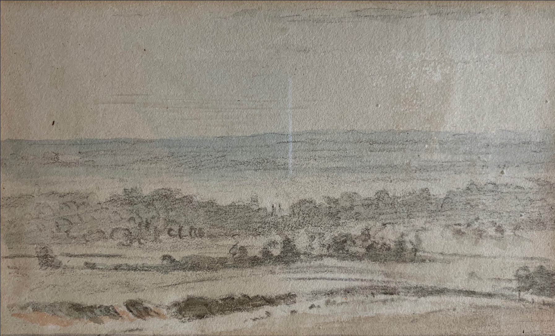 CIRCLE OF JOHN CONSTABLE, R.A., EAST BERGHOLT, 1776 - 1837, HAMPSTEAD, DRAWING ON BLUE PAPER
