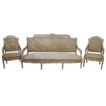 A FINE 18TH CENTURY FRENCH LOUIS XV GILTWOOD THREE PIECE SUITE Comprising of a large settee and pair