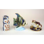 ROYAL CROWN DERBY, THREE STATUES, FROG, ANGELFISH AND CHIPMUNK Silver buttons. (tallest 13cm)