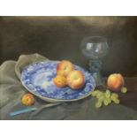 EDNA BIZON, B. 1929, OIL ON CANVAS Still life, fruits on a blue and white charger and a wine goblet,