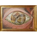 AN OIL ON CANVAS SURREAL PAINTING Human eye with landscape within, indistinctly signed lower left '