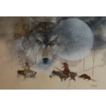 ANDERSON BENALLY, B. 1954, NAVAJO, WATERCOLOUR Native Indians on horseback with wolf above,