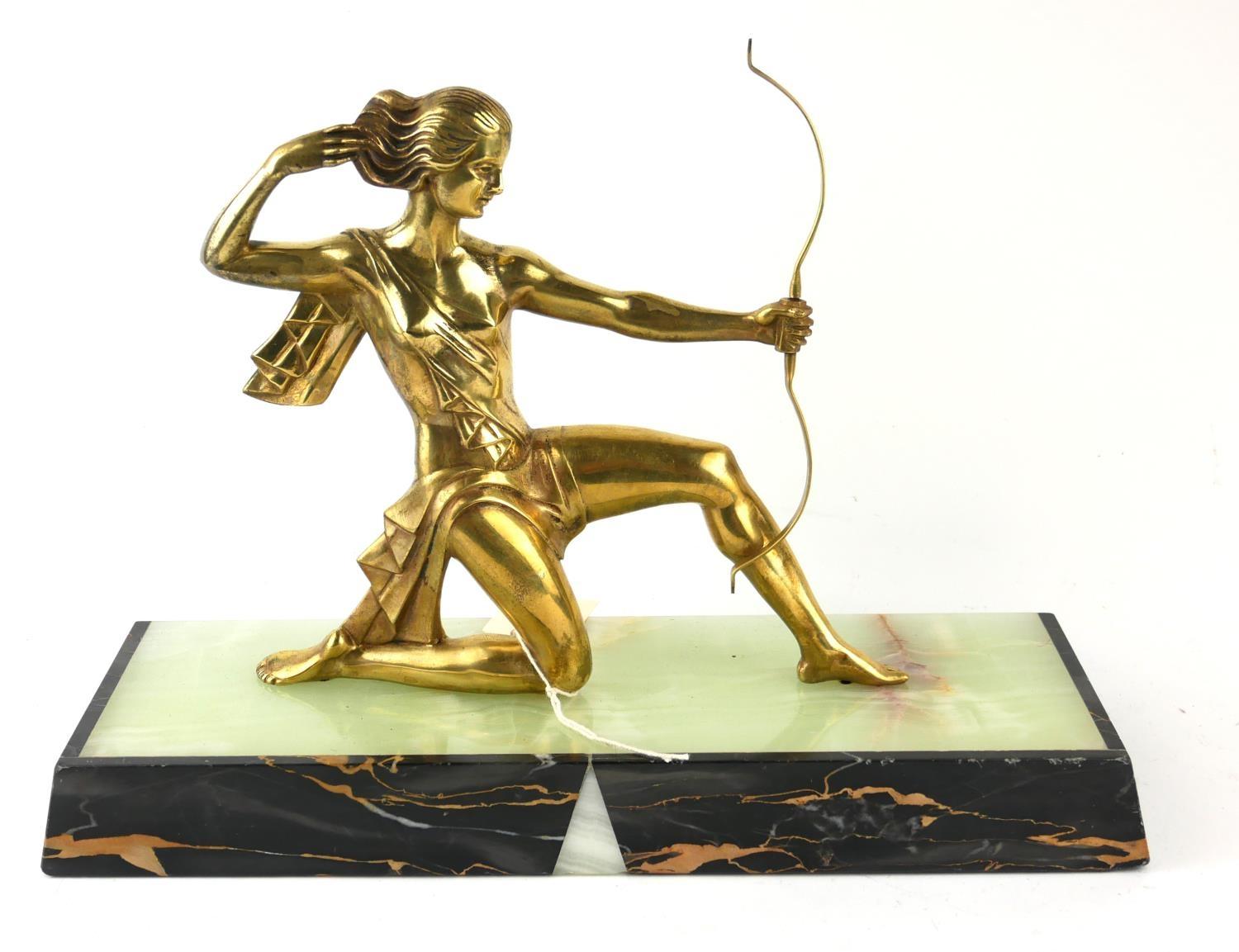 AN ART DECO GILT BRONZE, ONYX AND MARBLE 'DIANA THE HUNTRESS' SCULPTURE, KNEELING FEMALE DANCER With