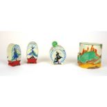 CLARICE CLIFF, BIZARRE RANGE, AN UNUSUAL ART DECO COMPLETE THREE PIECE BONJOUR CRUET SET In 'Pine