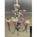 AN EARLY 20TH CENTURY VENETIAN COLOURED GLASS SIX BRANCH CHANDELIER. (80cm) Condition: some minor