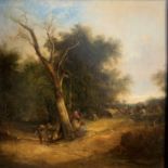 WILLIAM SHAYER SNR, 1787 - 1879, OIL ON CANVAS Figures in a landscape, titled 'Gypsy Encampment',