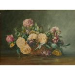 AN EDWARDIAN WATERCOLOUR, STILL LIFE OF AN ARRANGEMENT OF ROSES IN A WICKER BASKET. (approx 51cm x