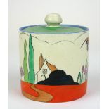 CLARICE CLIFF, BIZARRE RANGE, A RARE EARLY CYLINDRICAL PRESERVE POT AND COVER, CIRCA 1931 In '