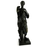 A 19TH CENTURY BRONZE STATUE, CLASSICAL ROMAN FEMALE Standing on square platform base. (43cm)