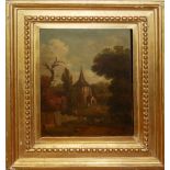 A 19TH CENTURY BRITISH SCHOOL OIL ON PAPER LAID TO MAHOGANY PANEL Landscape, church, giltwood