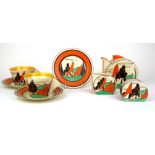 CLARICE CLIFF, FANTASQUE RANGE, AN ART DECO CONICAL BACHELOR'S TEA SET In 'Orange Trees and House'